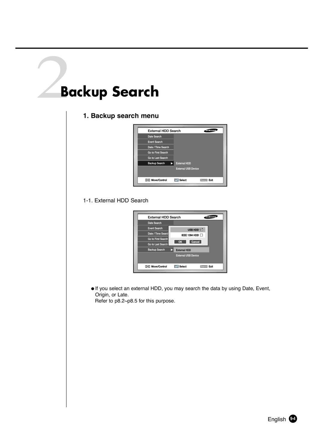 Samsung SHR-4081P manual 2Backup Search, Backup search menu, External HDD Search 