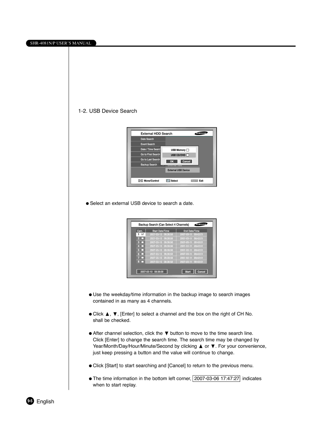 Samsung SHR-4081P manual USB Device Search, 5English 