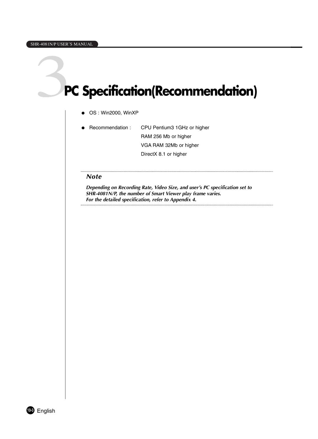 Samsung SHR-4081P manual 3PC SpecificationRecommendation, 10-3English 