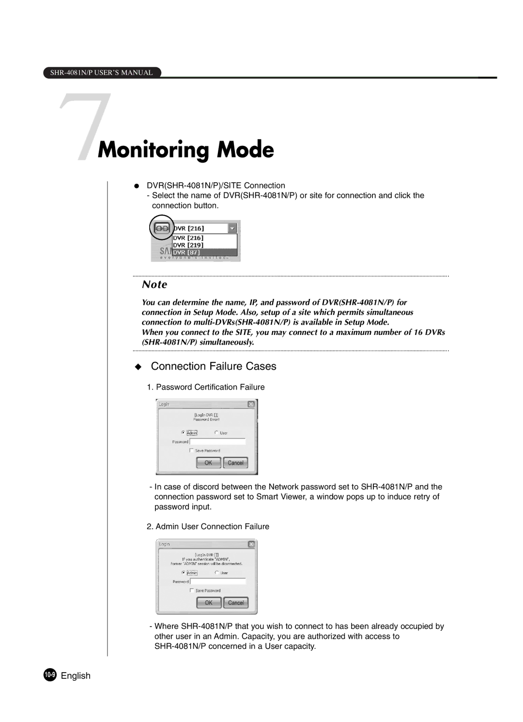 Samsung SHR-4081P manual 7Monitoring Mode, 10-9English 