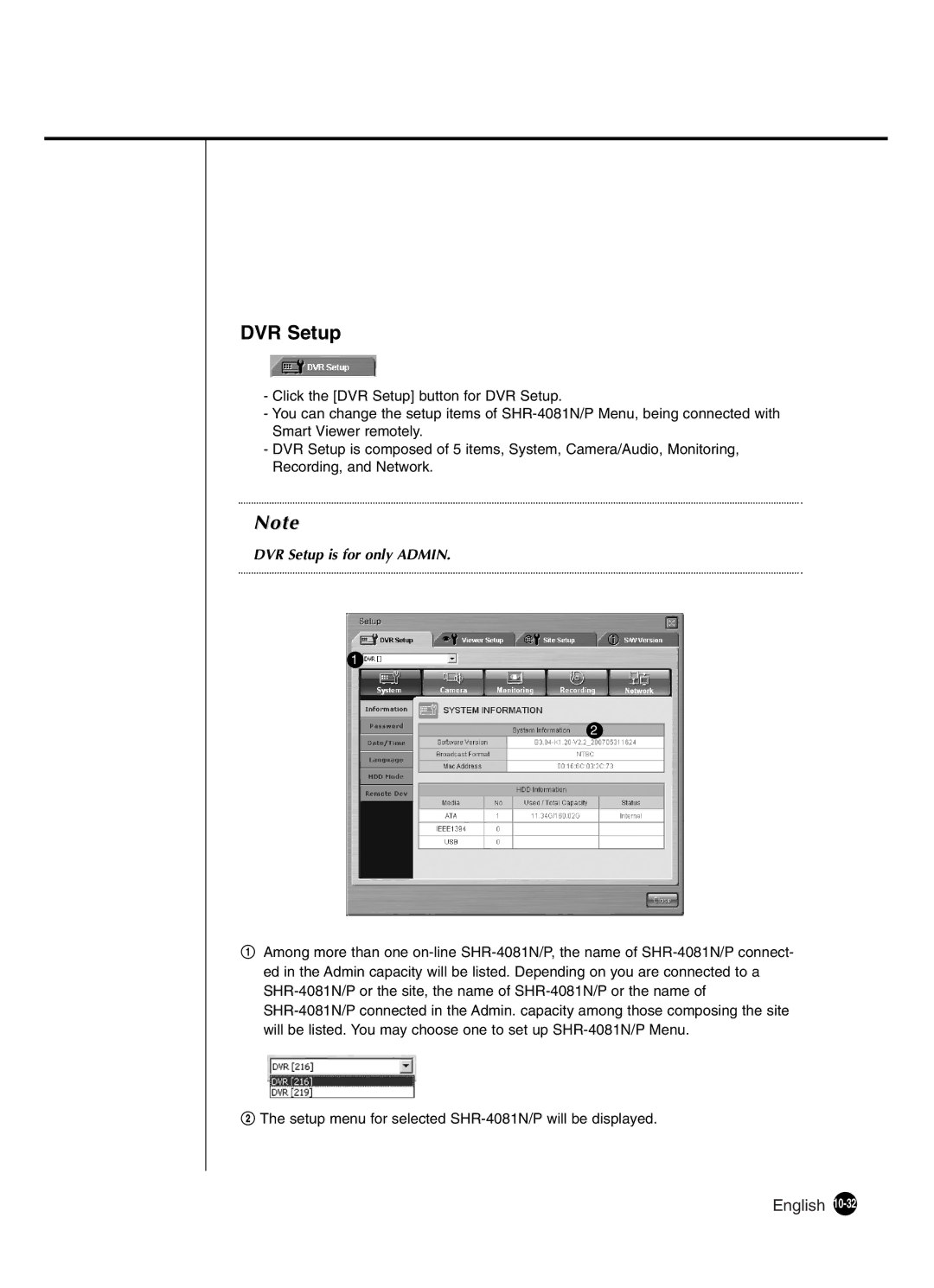 Samsung SHR-4081P manual DVR Setup is for only Admin 