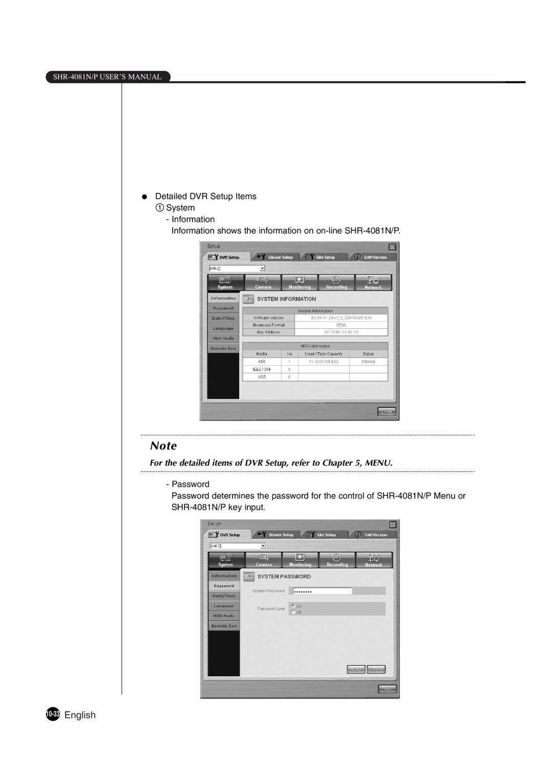 Samsung SHR-4081P manual 10-33English, For the detailed items of DVR Setup, refer to , Menu 