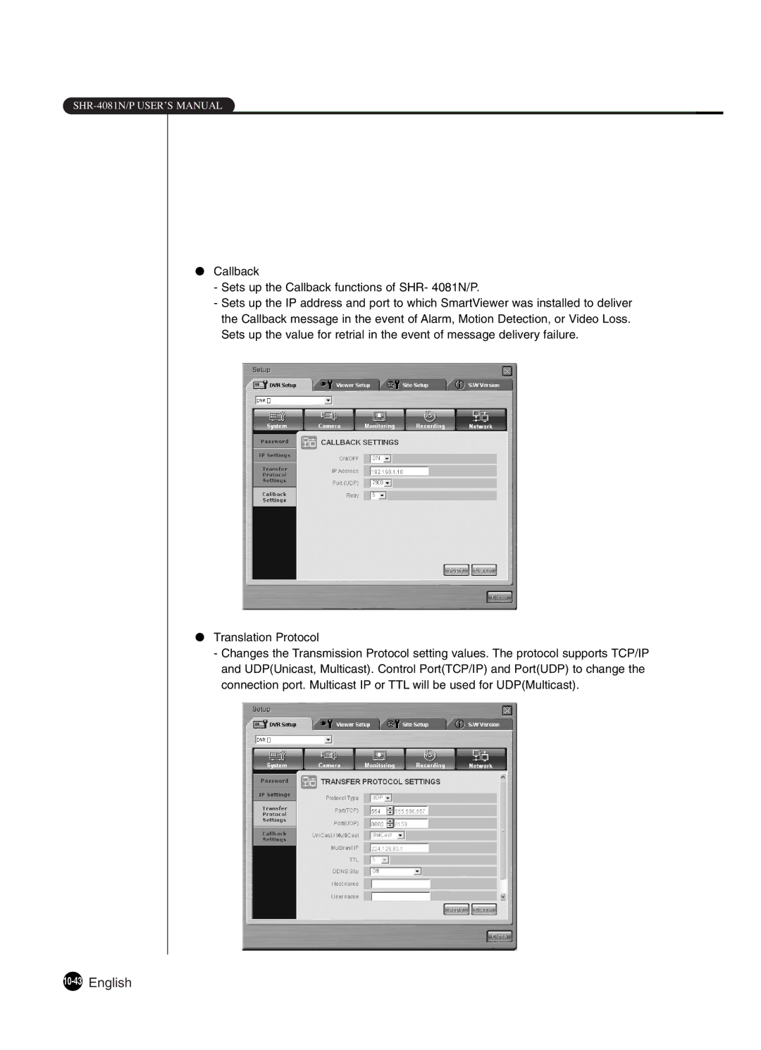 Samsung SHR-4081P manual 10-43English, Callback Sets up the Callback functions of SHR- 4081N/P 