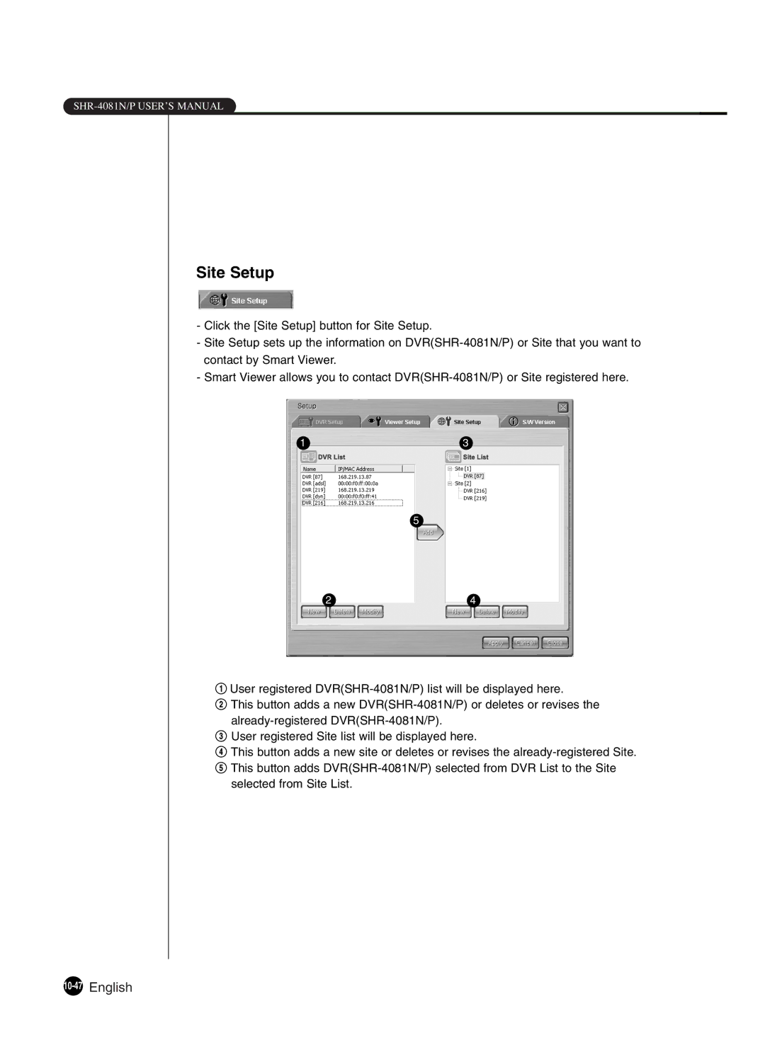 Samsung SHR-4081P manual Site Setup, 10-47English 