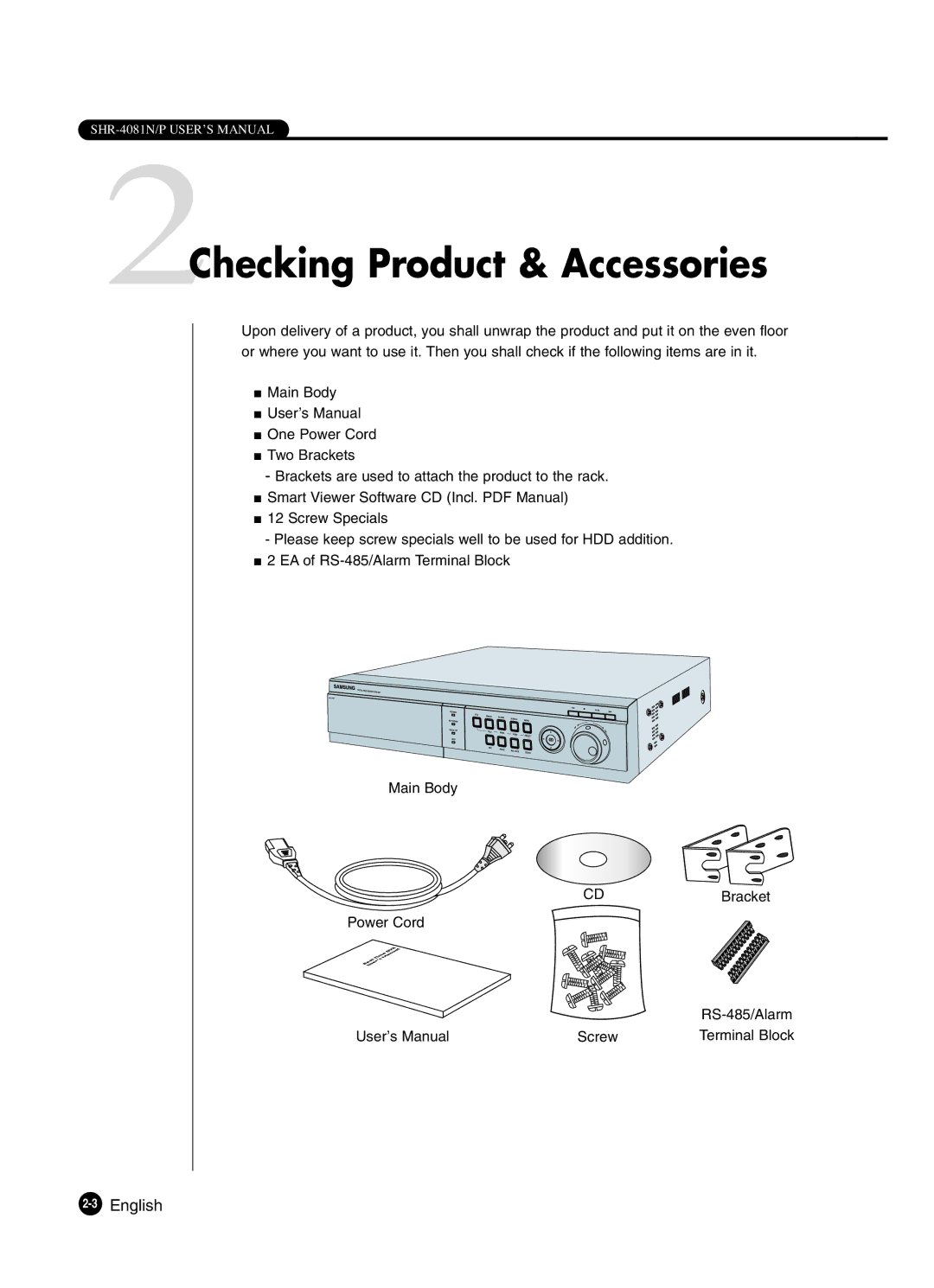 Samsung SHR-4081P manual 2Checking Product & Accessories, 3English 