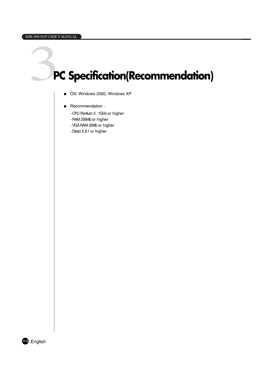 Samsung SHR-4081P manual 3PC SpecificationRecommendation, 11-3English 