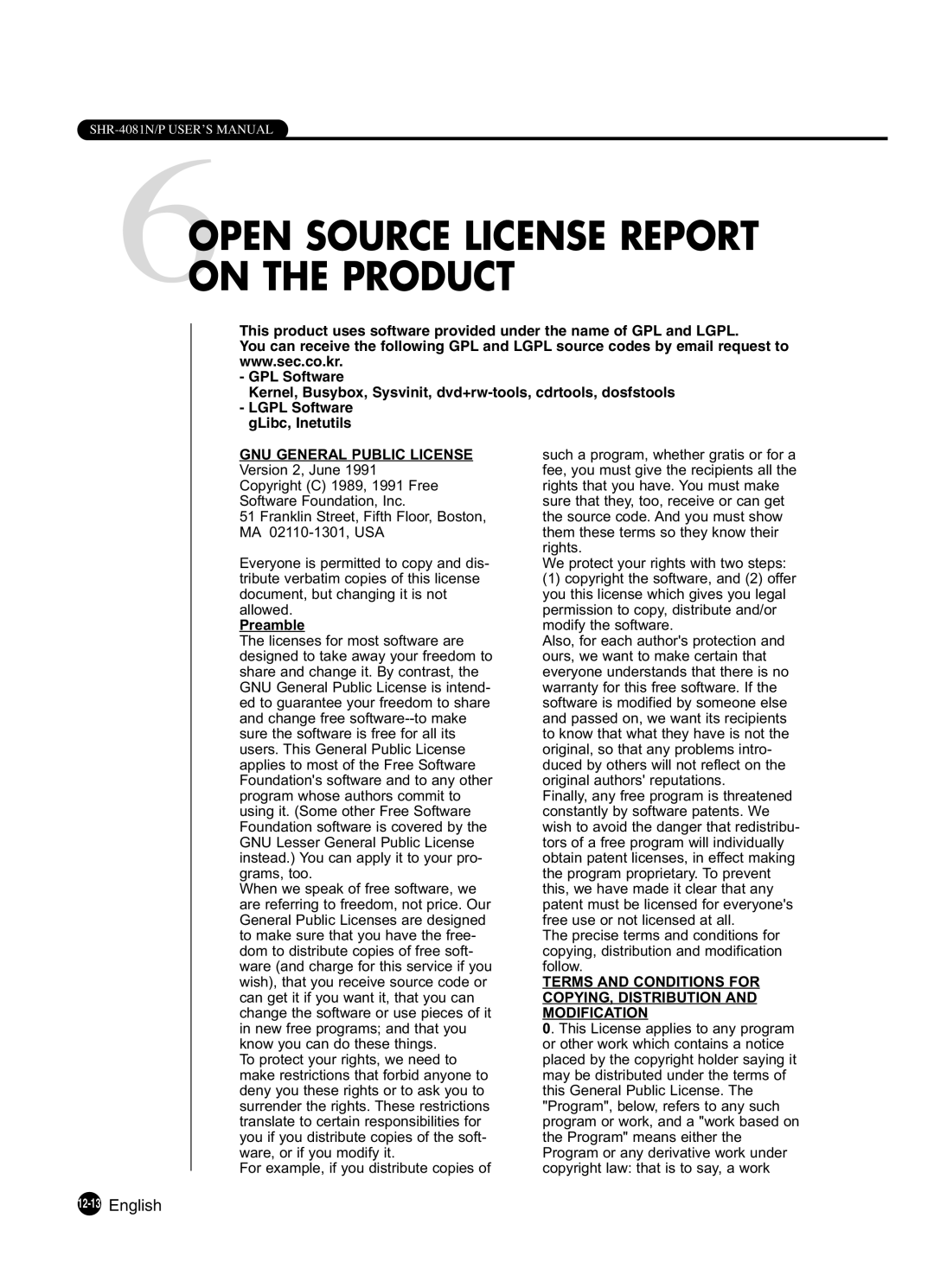 Samsung SHR-4081P manual 6OPENON Thesourceproductlicense Report, 12-13English 