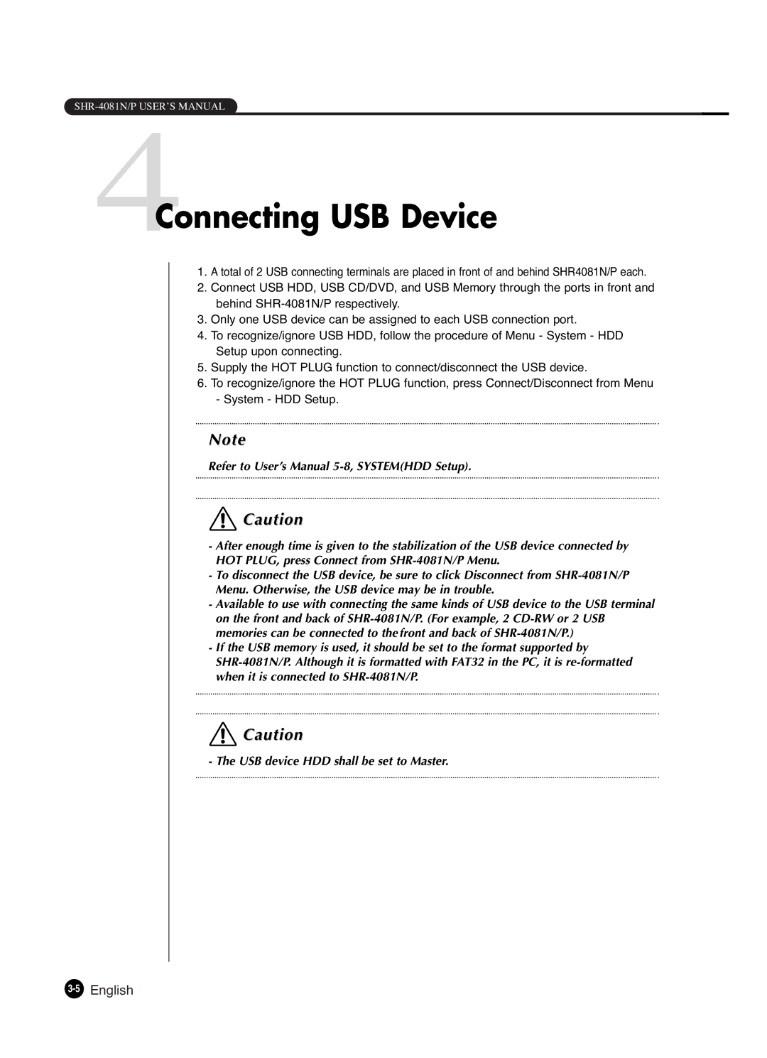 Samsung SHR-4081P manual 4Connecting USB Device, 5English 