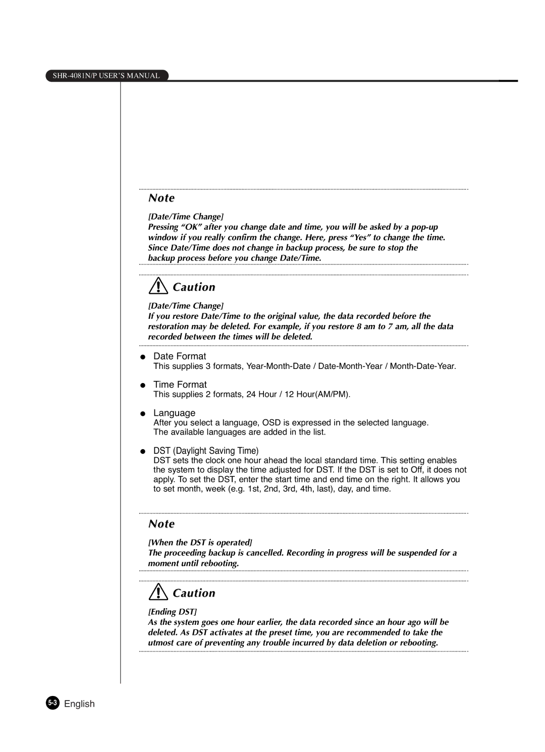 Samsung SHR-4081P manual Date Format, Time Format, Language, DST Daylight Saving Time 