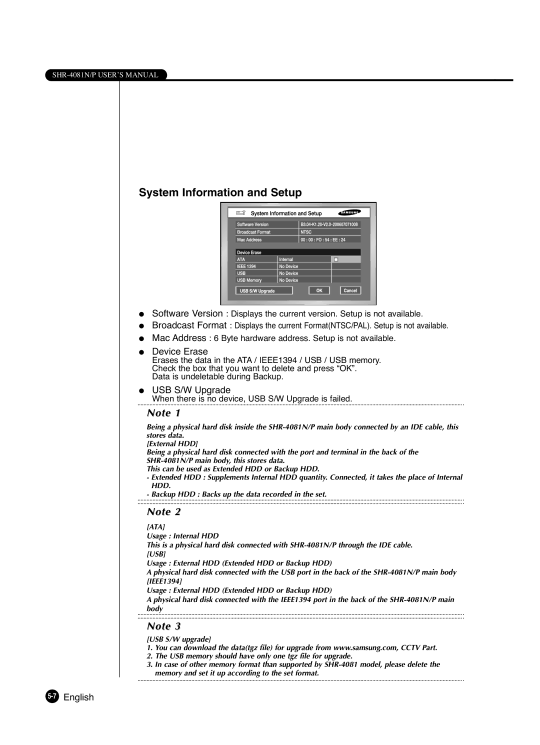 Samsung SHR-4081P manual System Information and Setup, Device Erase, USB S/W Upgrade 