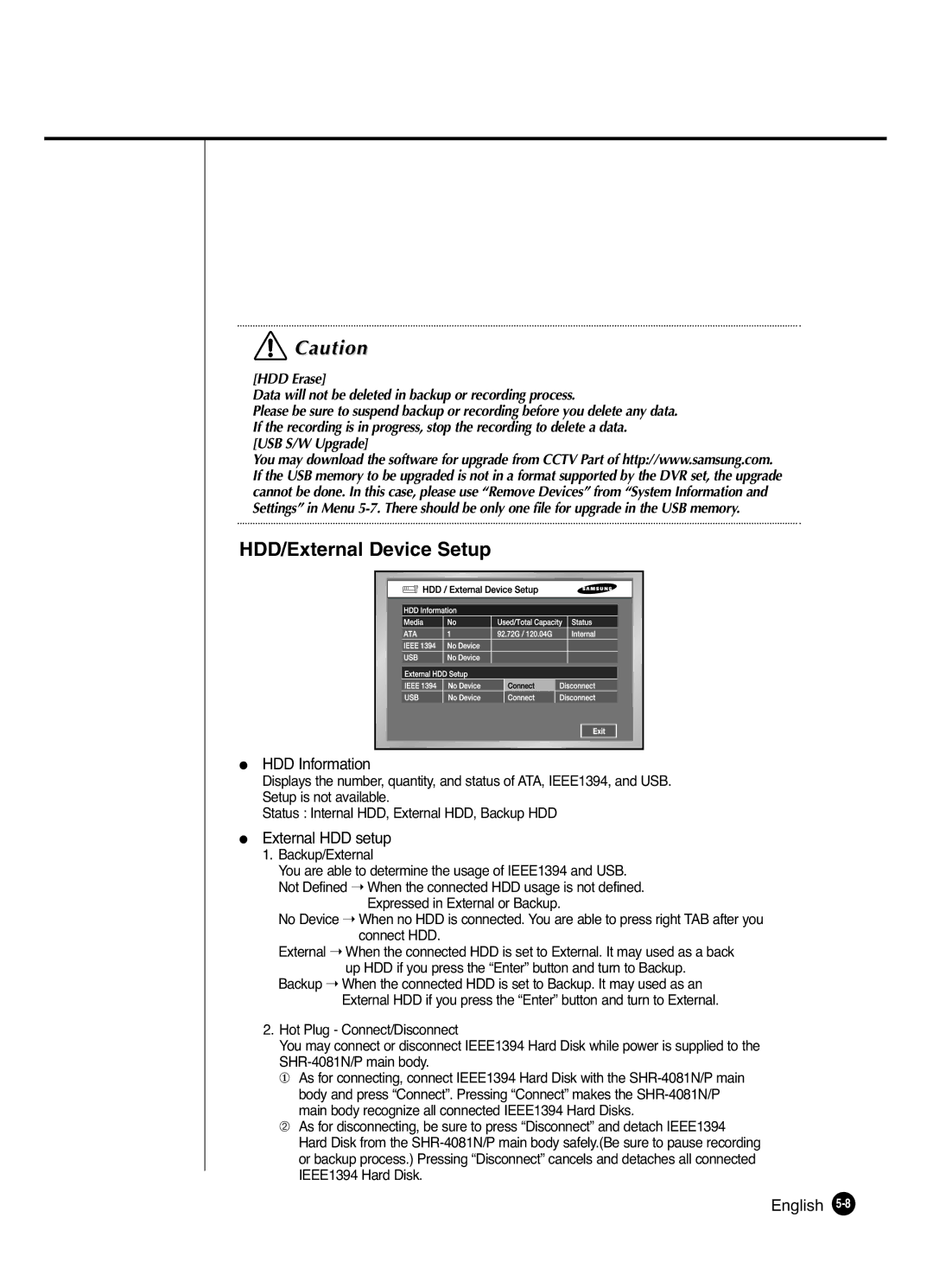 Samsung SHR-4081P manual HDD/External Device Setup, HDD Information, External HDD setup 