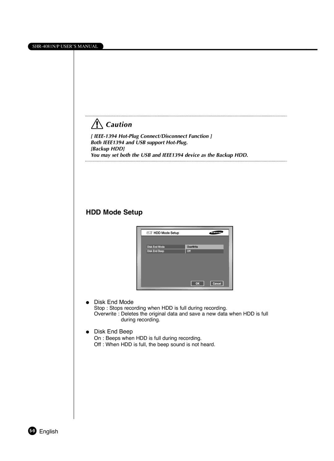 Samsung SHR-4081P manual HDD Mode Setup, Disk End Mode, Disk End Beep 