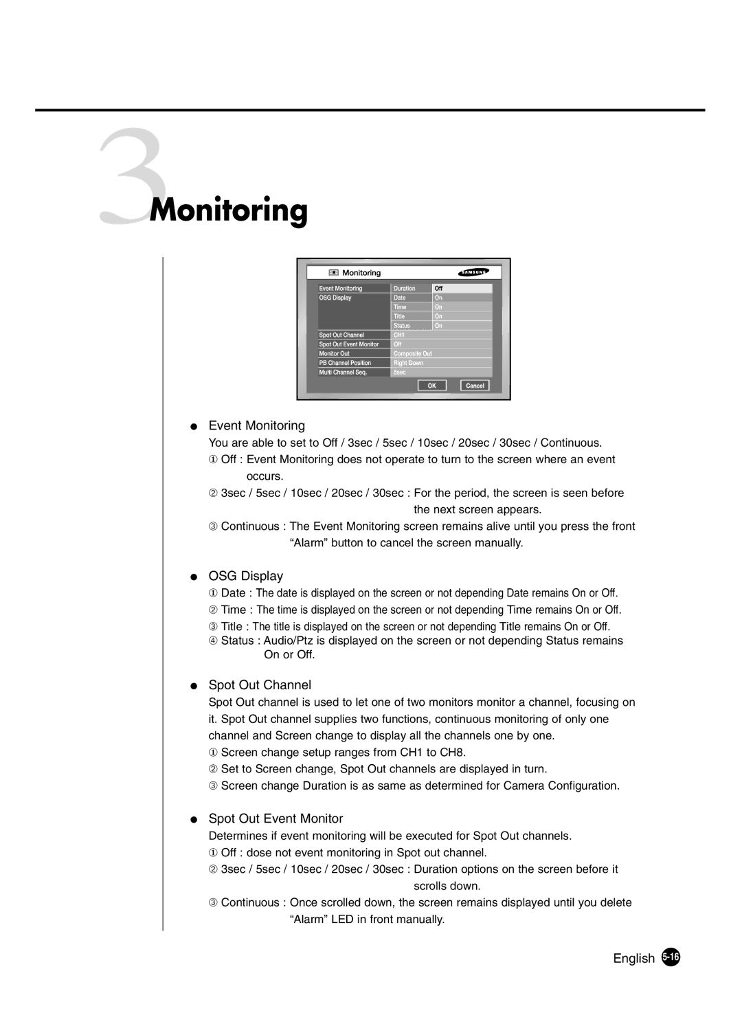 Samsung SHR-4081P manual 3Monitoring, OSG Display, Spot Out Channel, Spot Out Event Monitor 