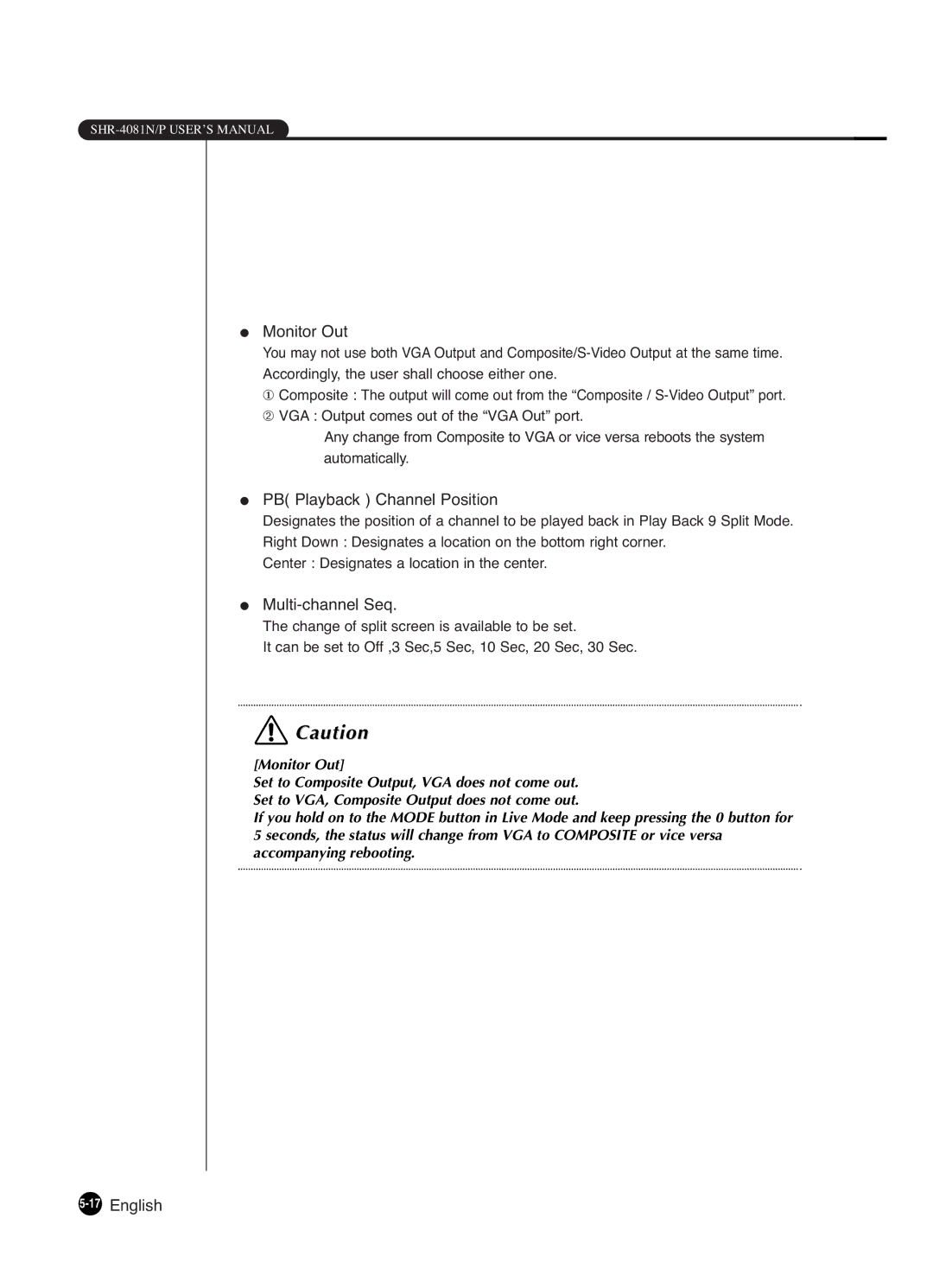 Samsung SHR-4081P manual Monitor Out, PB Playback Channel Position, Multi-channel Seq, 17English 