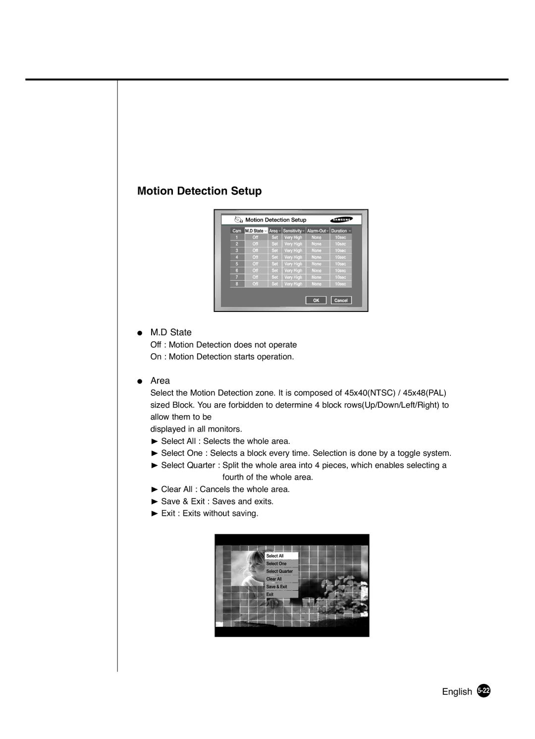 Samsung SHR-4081P manual Motion Detection Setup, State, Area 