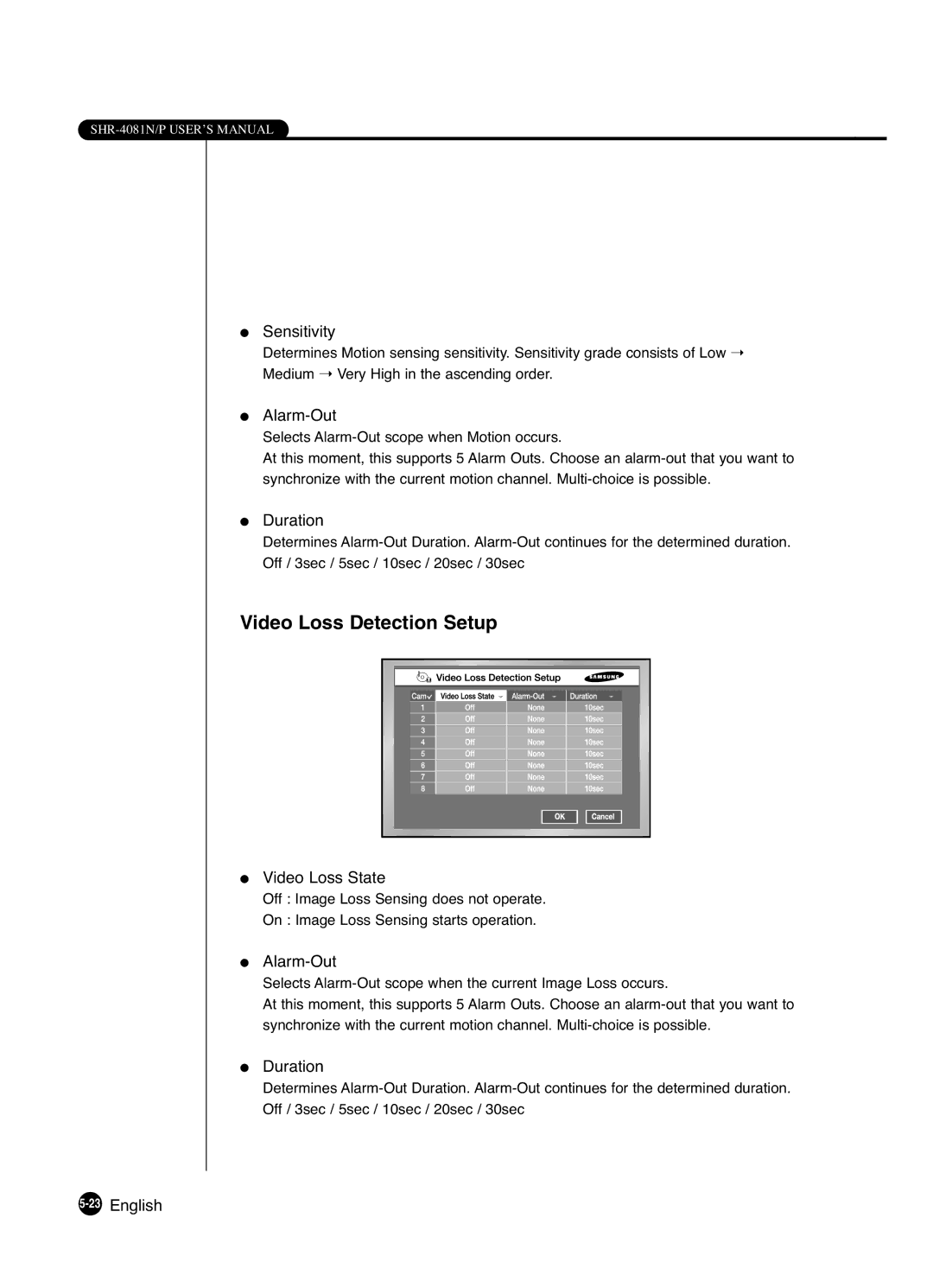 Samsung SHR-4081P manual Video Loss Detection Setup, Sensitivity, Video Loss State, 23English 