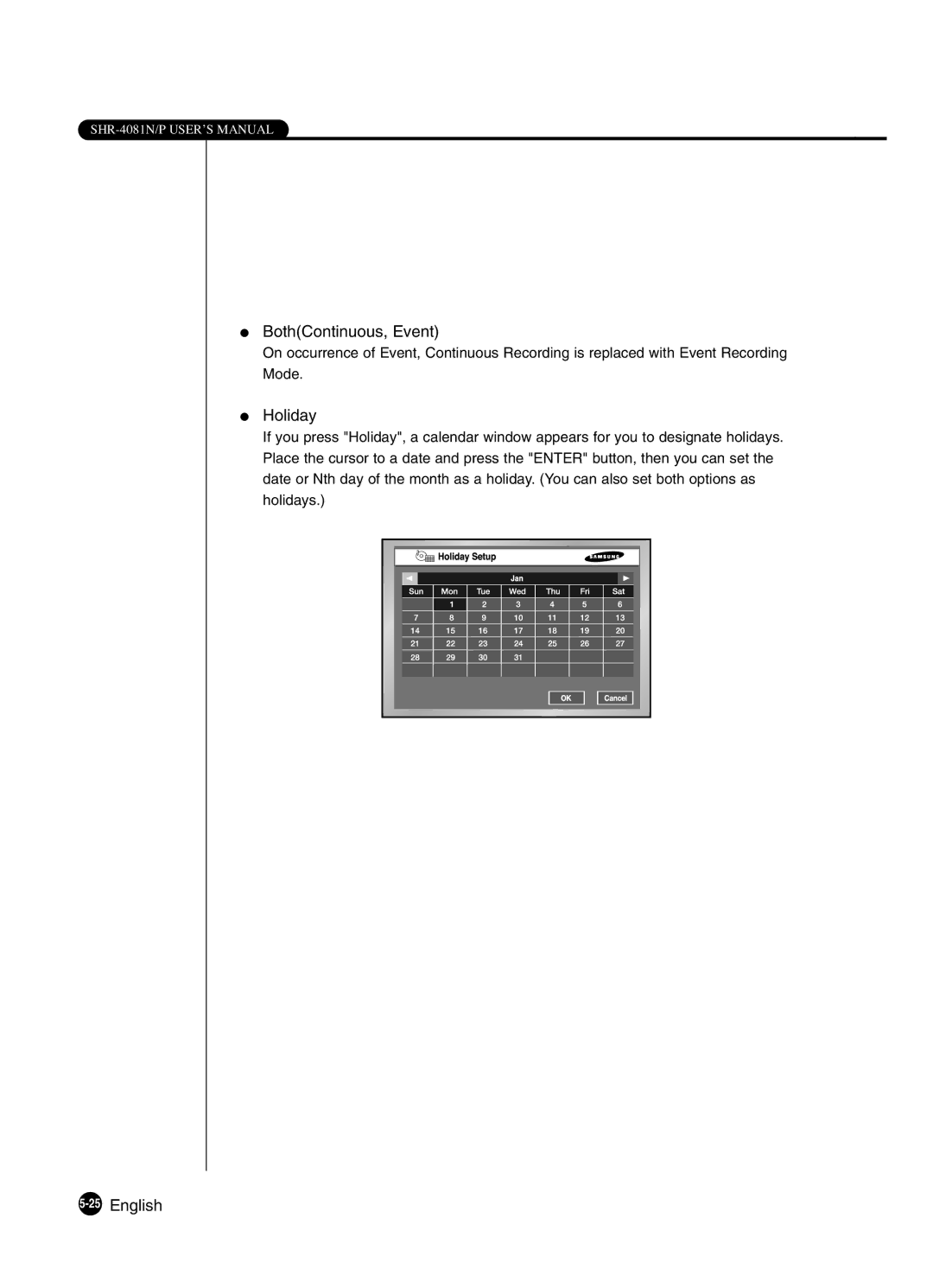 Samsung SHR-4081P manual BothContinuous, Event, Holiday, 25English 