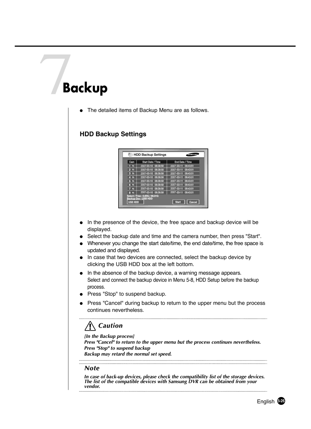 Samsung SHR-4081P manual 7Backup, HDD Backup Settings, Detailed items of Backup Menu are as follows 