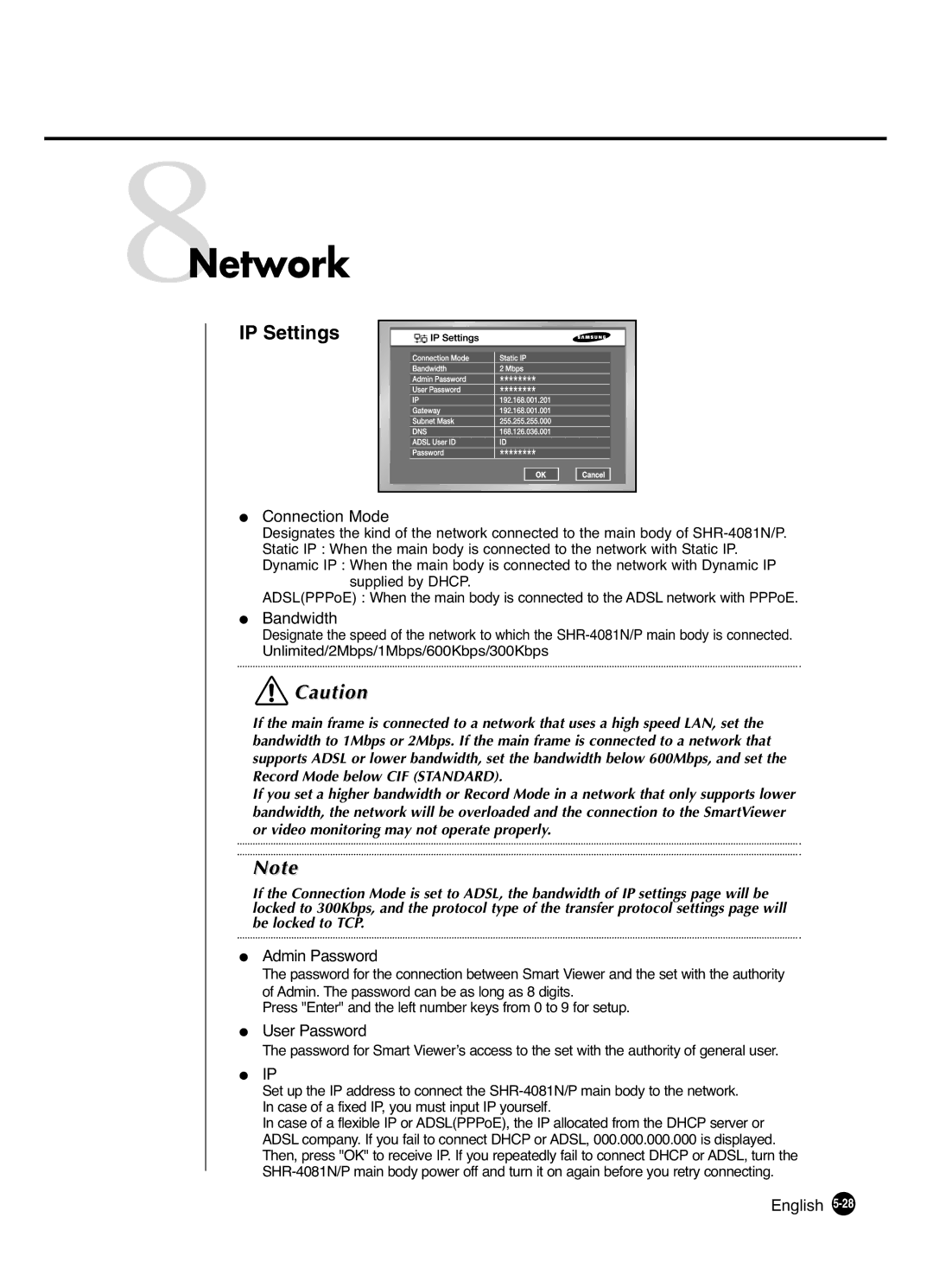 Samsung SHR-4081P manual 8Network, IP Settings 