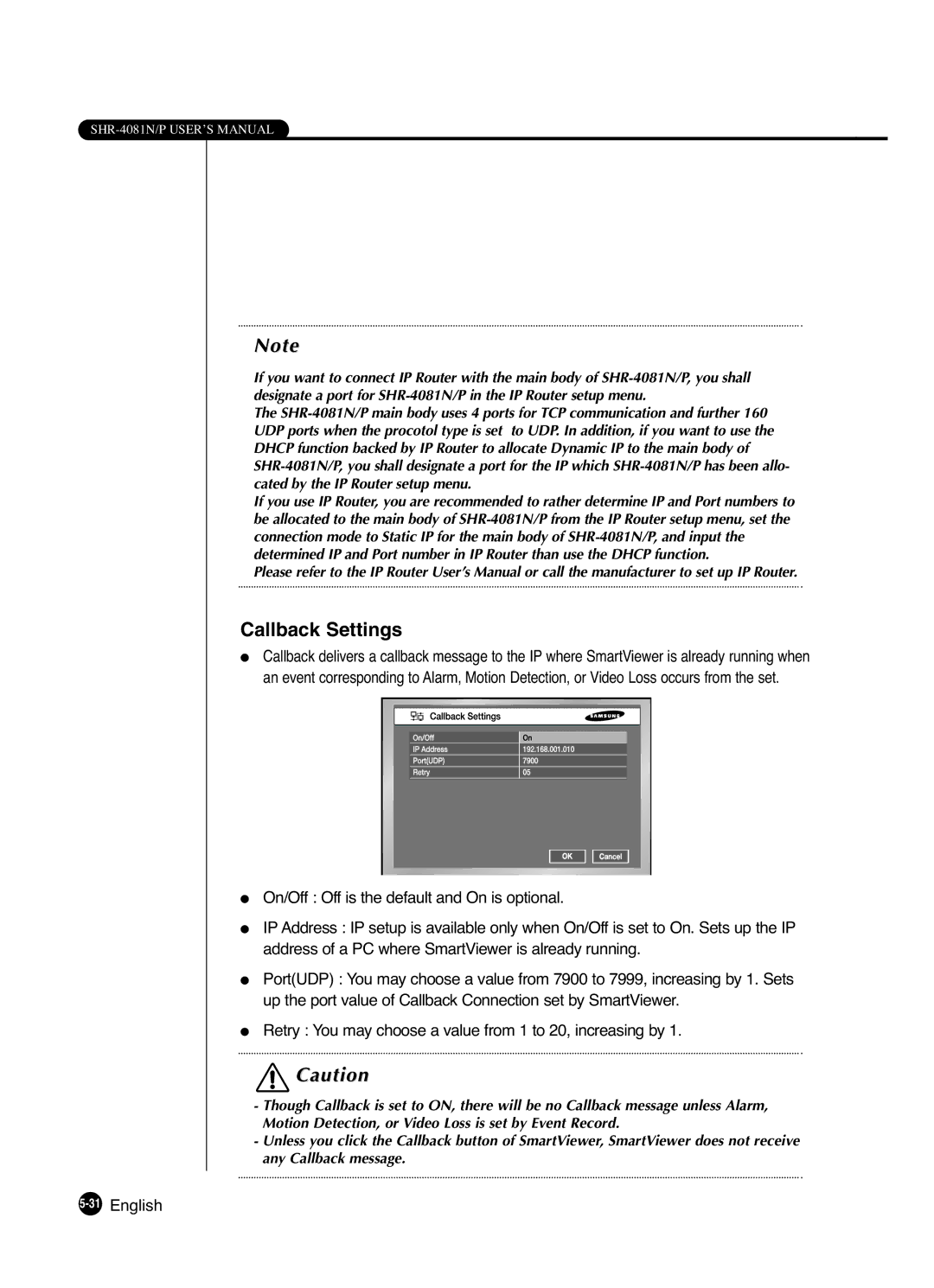 Samsung SHR-4081P manual Callback Settings, 31English 