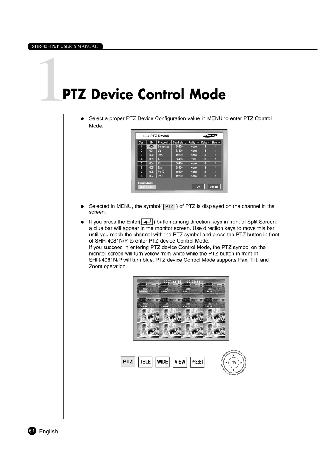 Samsung SHR-4081P manual 1PTZ Device Control Mode, 1English 