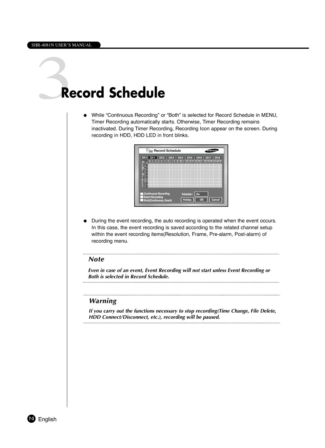 Samsung SHR-4081P manual 3Record Schedule, 3English 