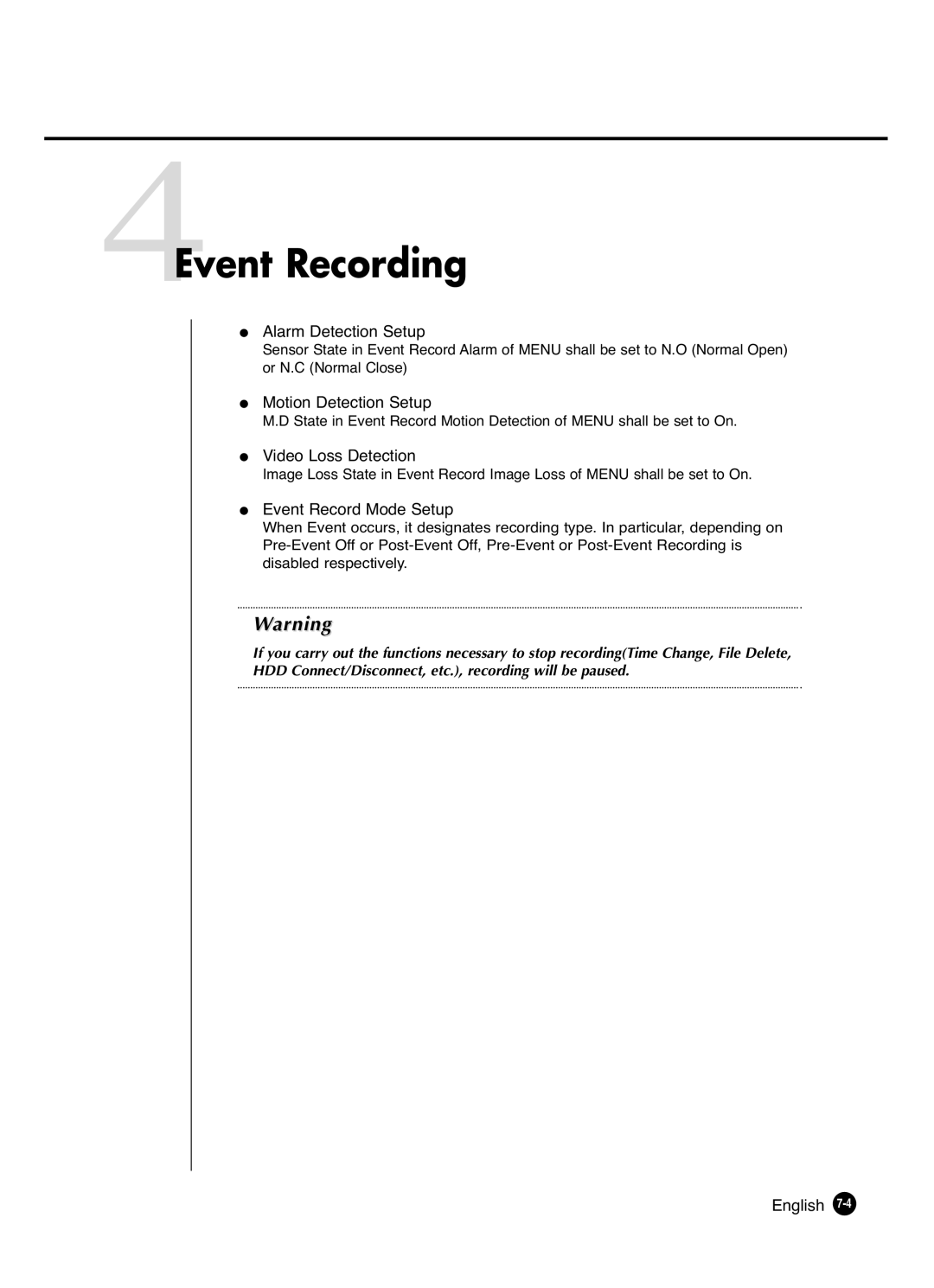 Samsung SHR-4081P manual 4Event Recording, Alarm Detection Setup, Motion Detection Setup, Video Loss Detection 