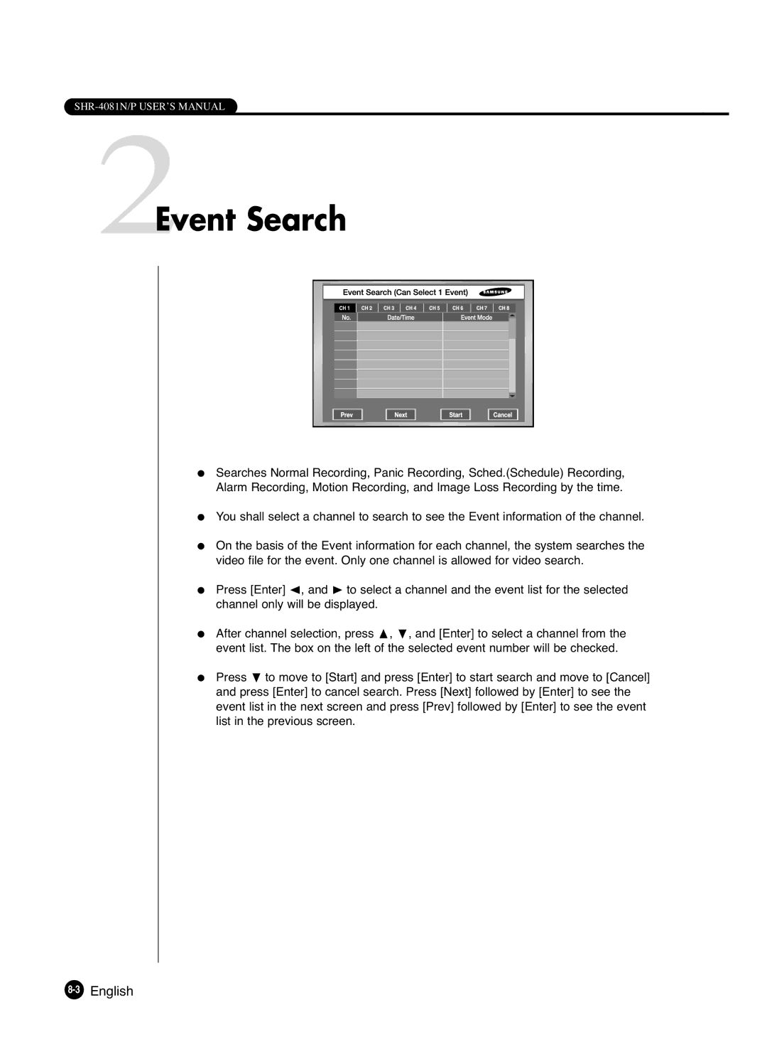 Samsung SHR-4081P manual 2Event Search, 3English 