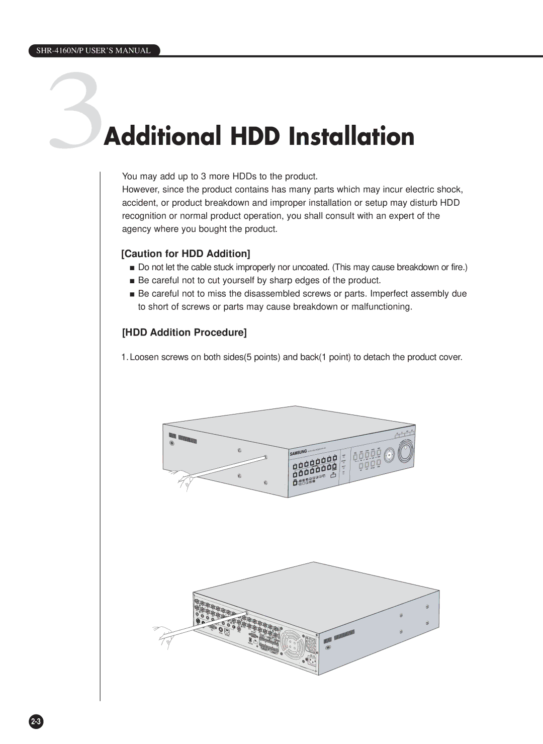 Samsung SHR-4160P, SHR-4160N user manual 3Additional HDD Installation, HDD Addition Procedure 