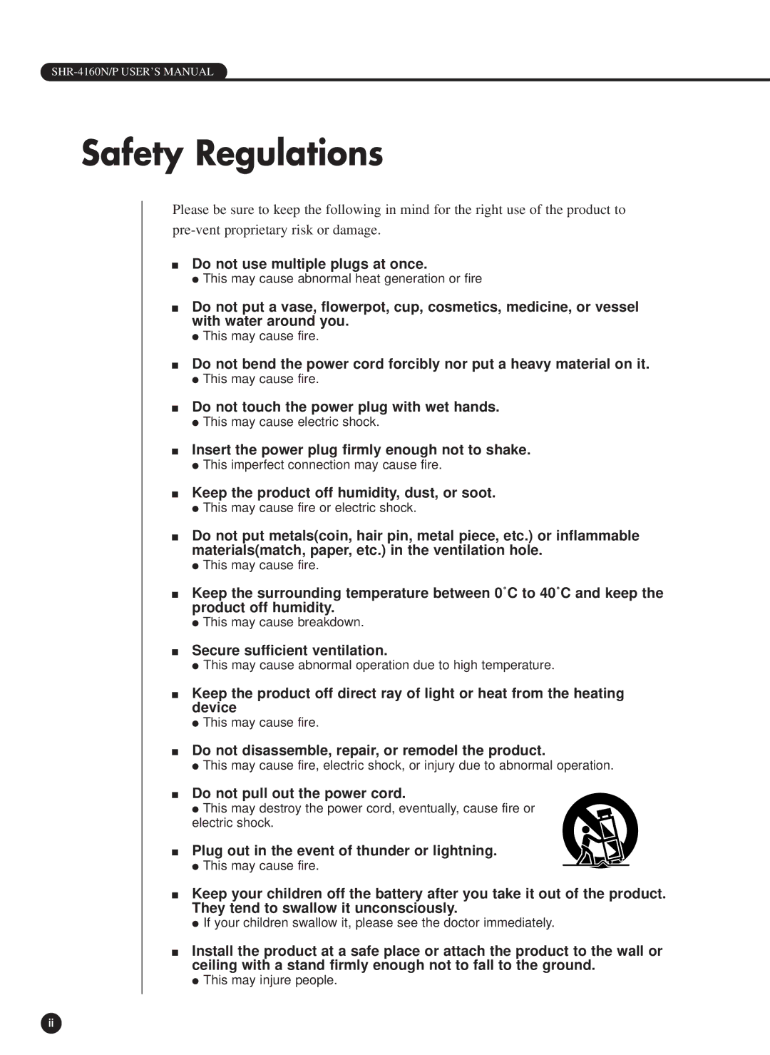 Samsung SHR-4160P, SHR-4160N user manual Safety Regulations 