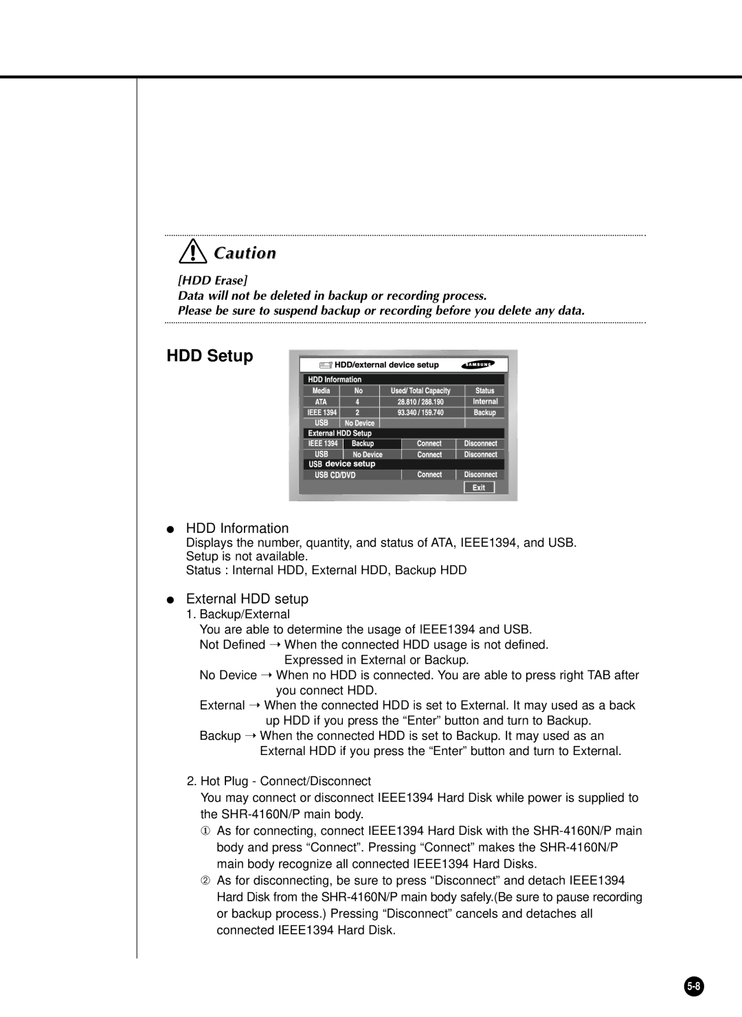 Samsung SHR-4160P, SHR-4160N user manual HDD Setup, HDD Information, External HDD setup 