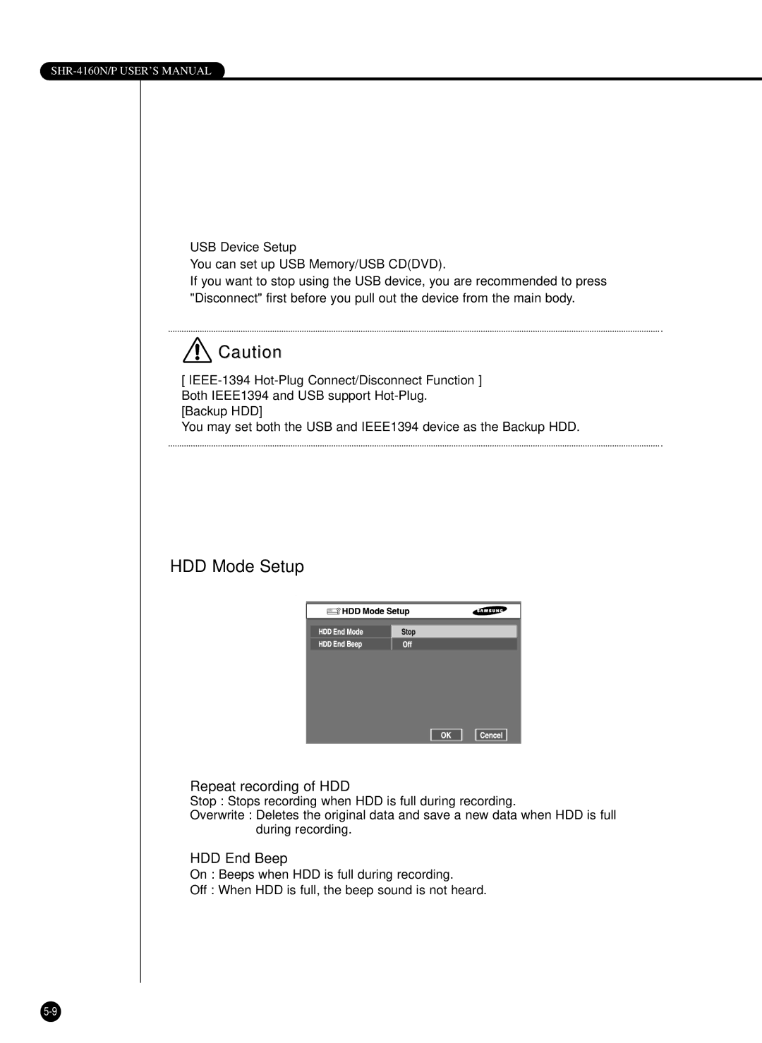 Samsung SHR-4160N, SHR-4160P user manual HDD Mode Setup, Repeat recording of HDD, HDD End Beep 