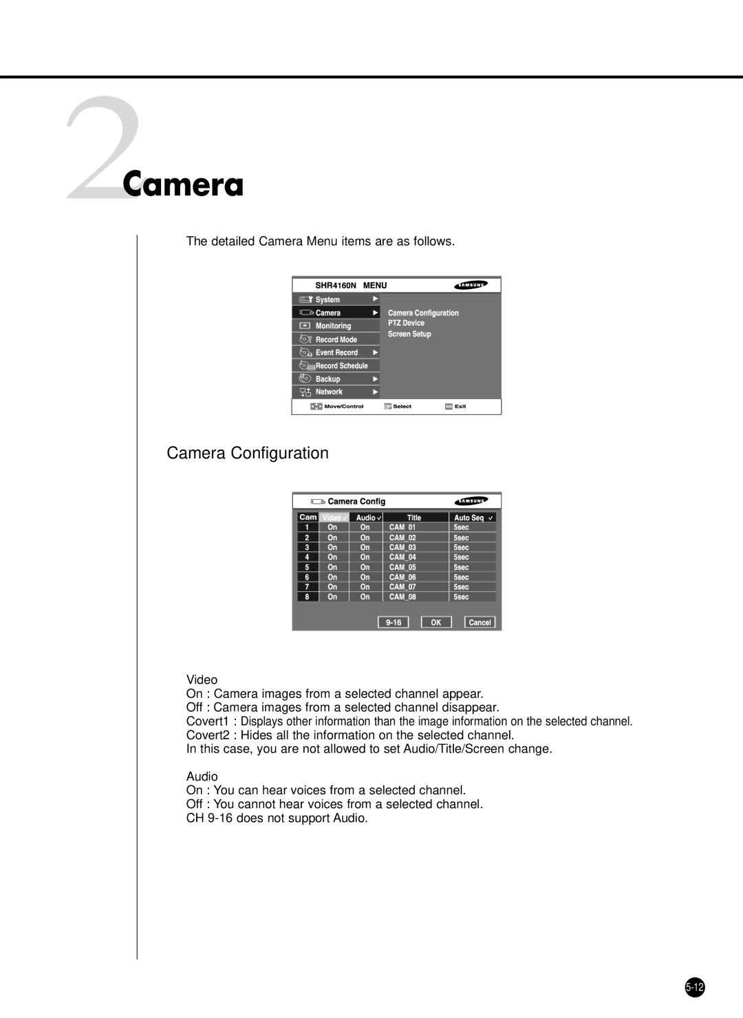 Samsung SHR-4160P, SHR-4160N user manual 2Camera, Camera Configuration 