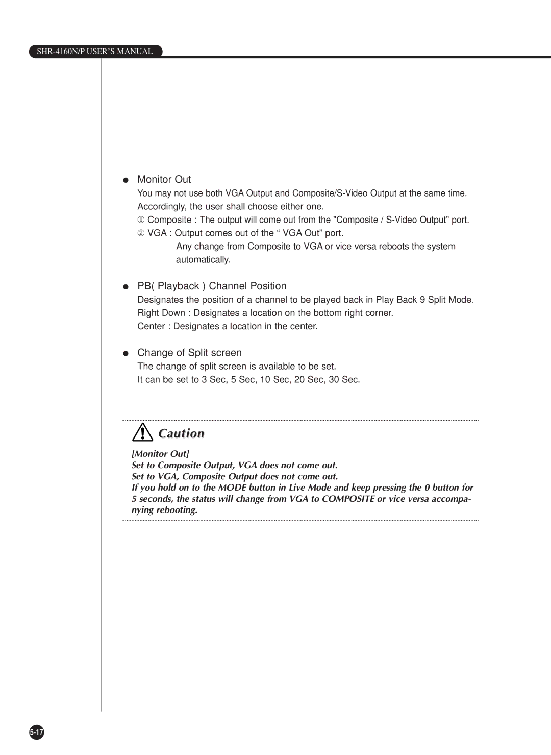 Samsung SHR-4160N, SHR-4160P user manual Monitor Out, PB Playback Channel Position, Change of Split screen 