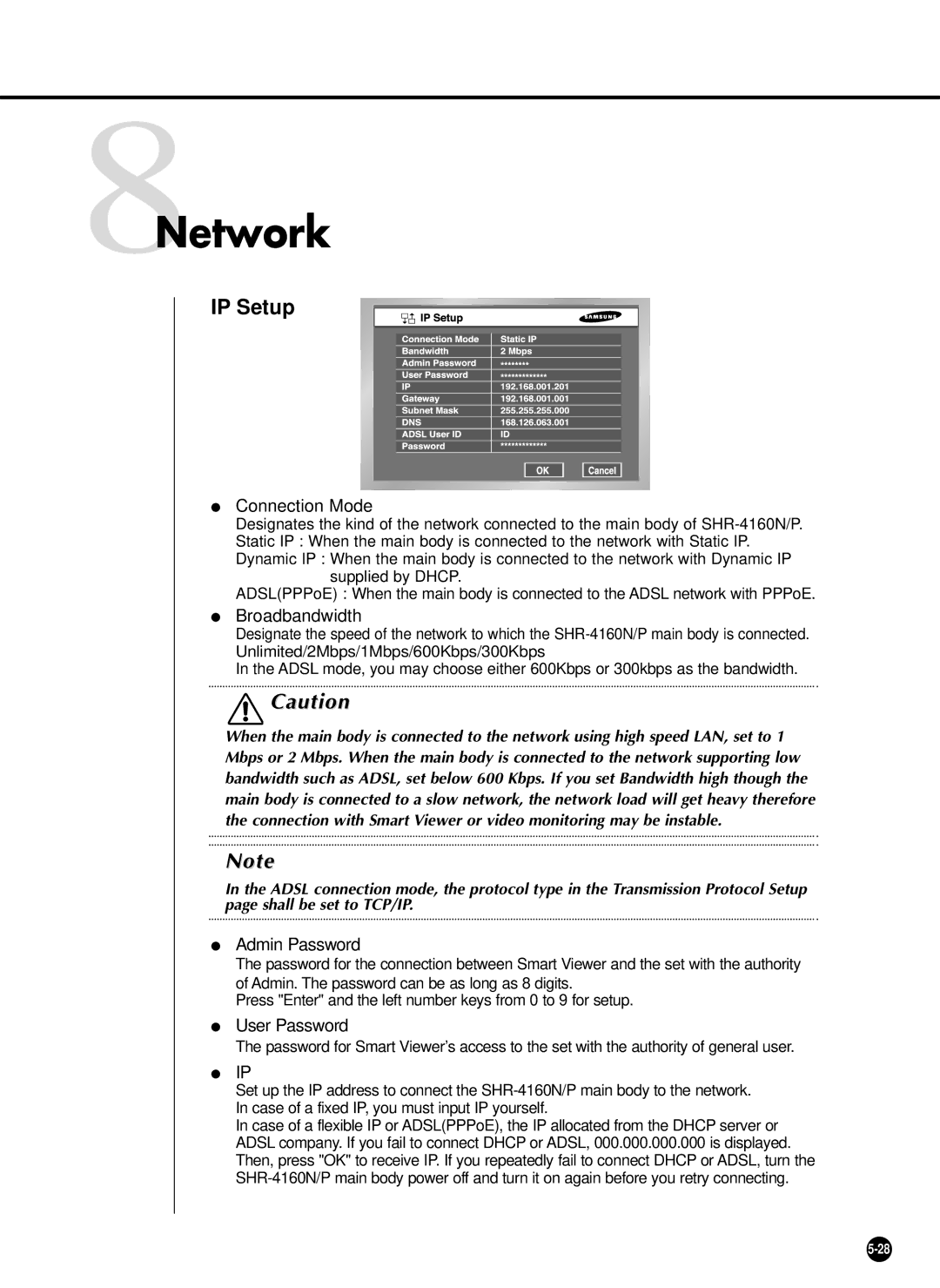 Samsung SHR-4160P, SHR-4160N user manual 8Network, IP Setup 