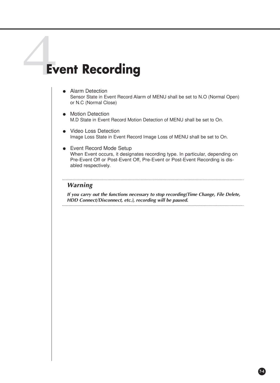 Samsung SHR-4160P 4Event Recording, Alarm Detection, Motion Detection, Video Loss Detection, Event Record Mode Setup 