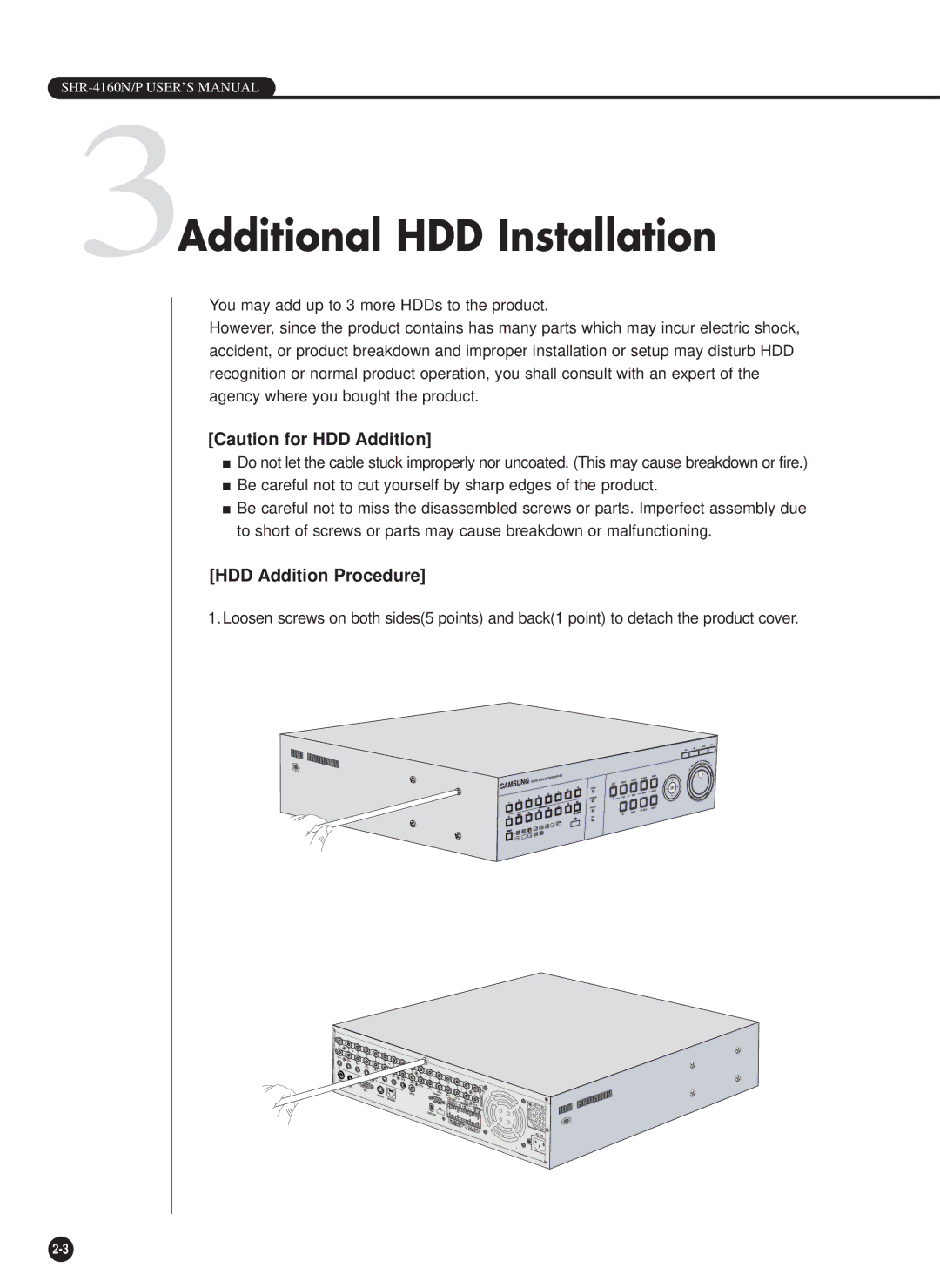 Samsung SHR-4160P/TRK manual 3Additional HDD Installation, HDD Addition Procedure 