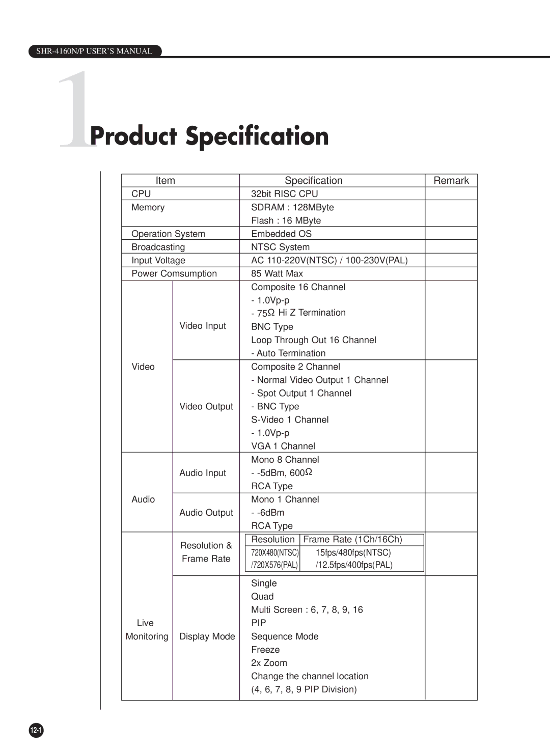 Samsung SHR-4160P/TRK manual 1Product Specification, Specification Remark 