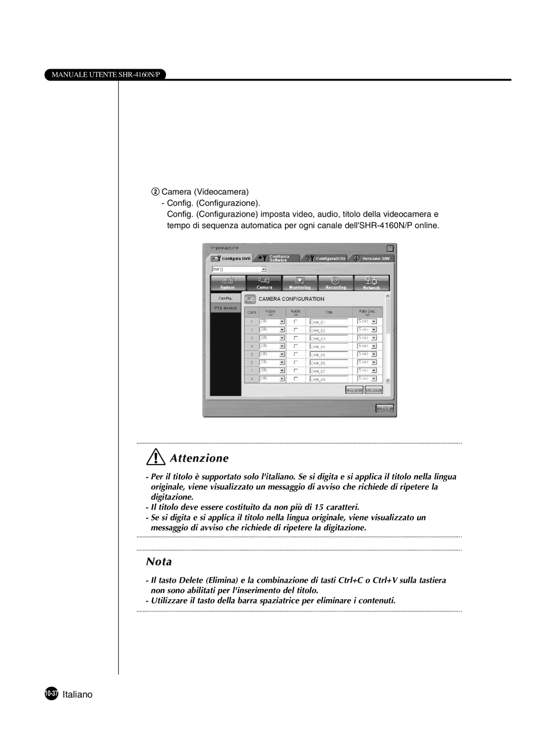 Samsung SHR-4160P manual 10-37Italiano, @ Camera Videocamera Config. Configurazione 