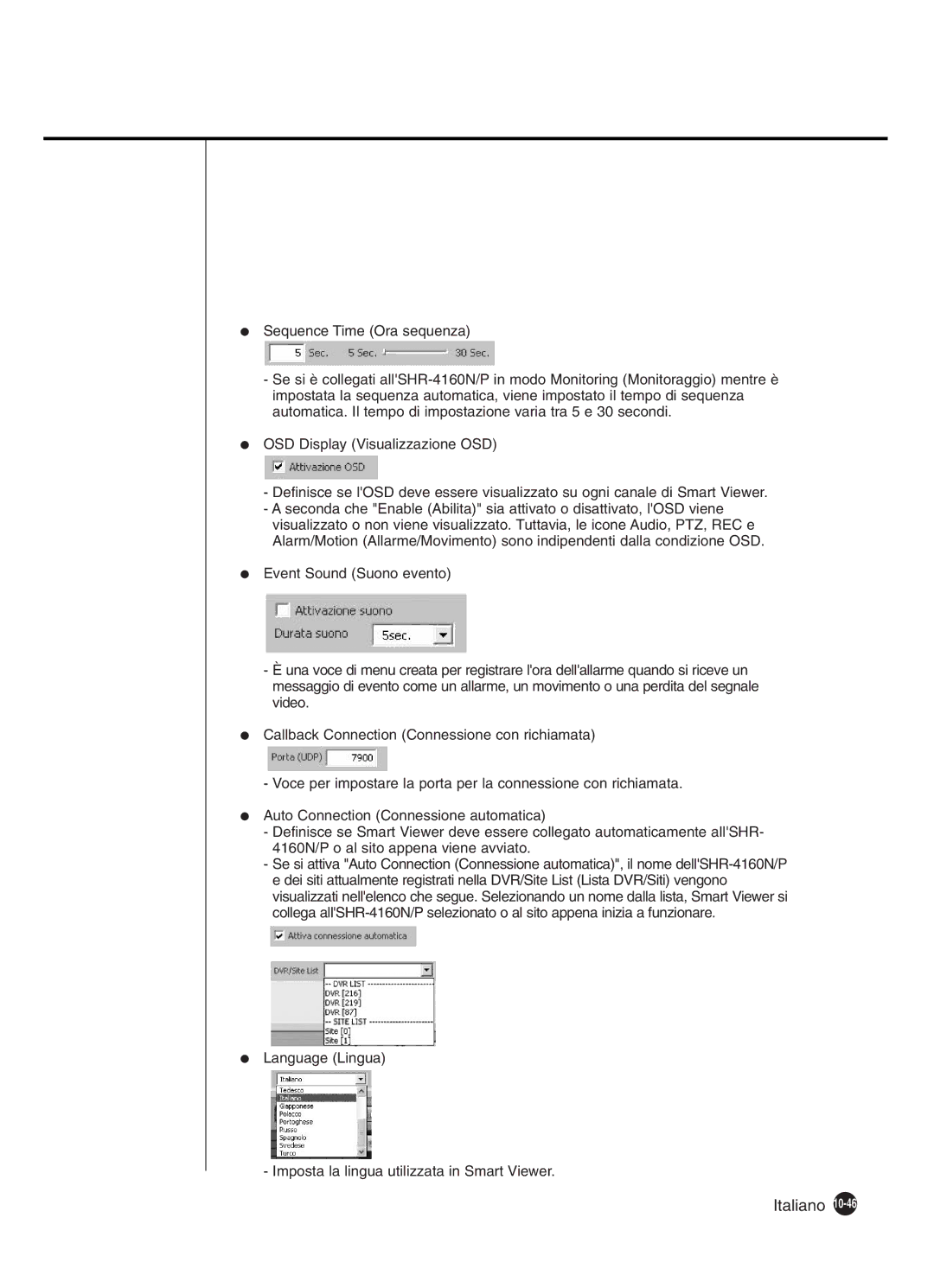 Samsung SHR-4160P manual Language Lingua Imposta la lingua utilizzata in Smart Viewer 