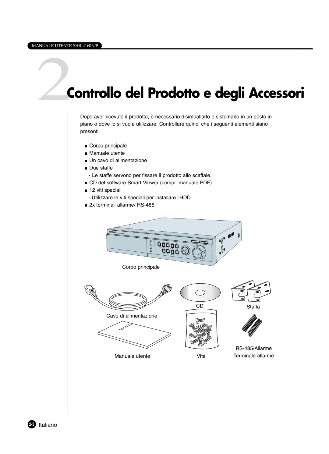 Samsung SHR-4160P manual 2Controllo del Prodotto e degli Accessori, Manuale utente Vite 