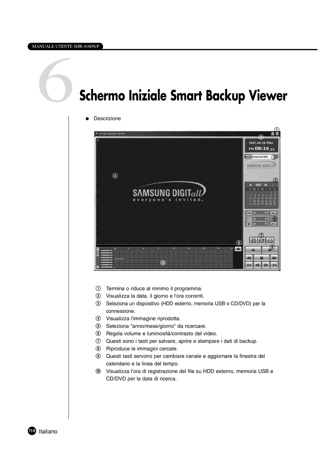 Samsung SHR-4160P manual Schermo Iniziale Smart Backup Viewer, 11-9Italiano 