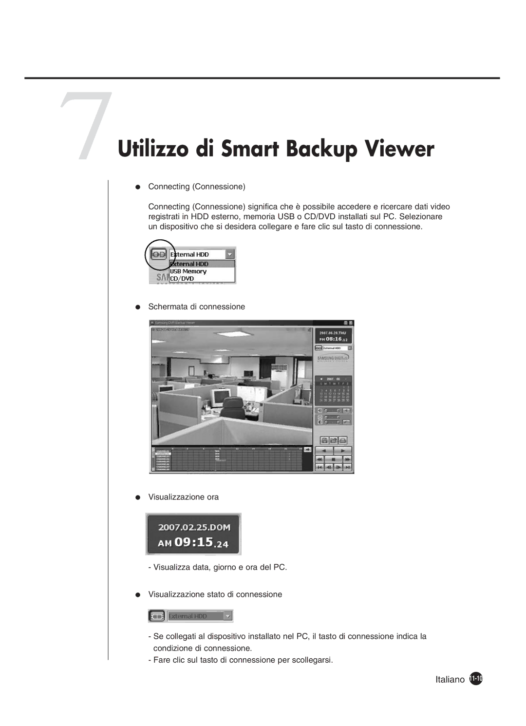 Samsung SHR-4160P manual 7Utilizzo di Smart Backup Viewer, Connecting Connessione 