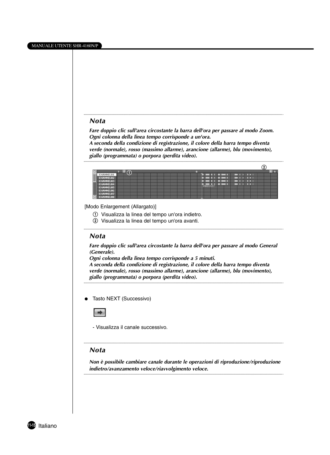 Samsung SHR-4160P manual 11-15Italiano, Modo Enlargement Allargato, Tasto Next Successivo Visualizza il canale successivo 