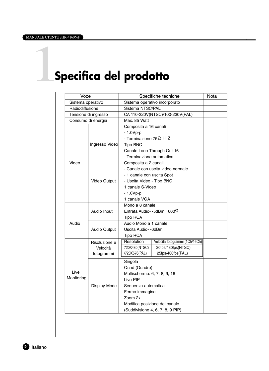 Samsung SHR-4160P manual 1Specifica del prodotto, Voce Specifiche tecniche Nota, 12-1Italiano, Resolution, 30fps/480fpsNTSC 