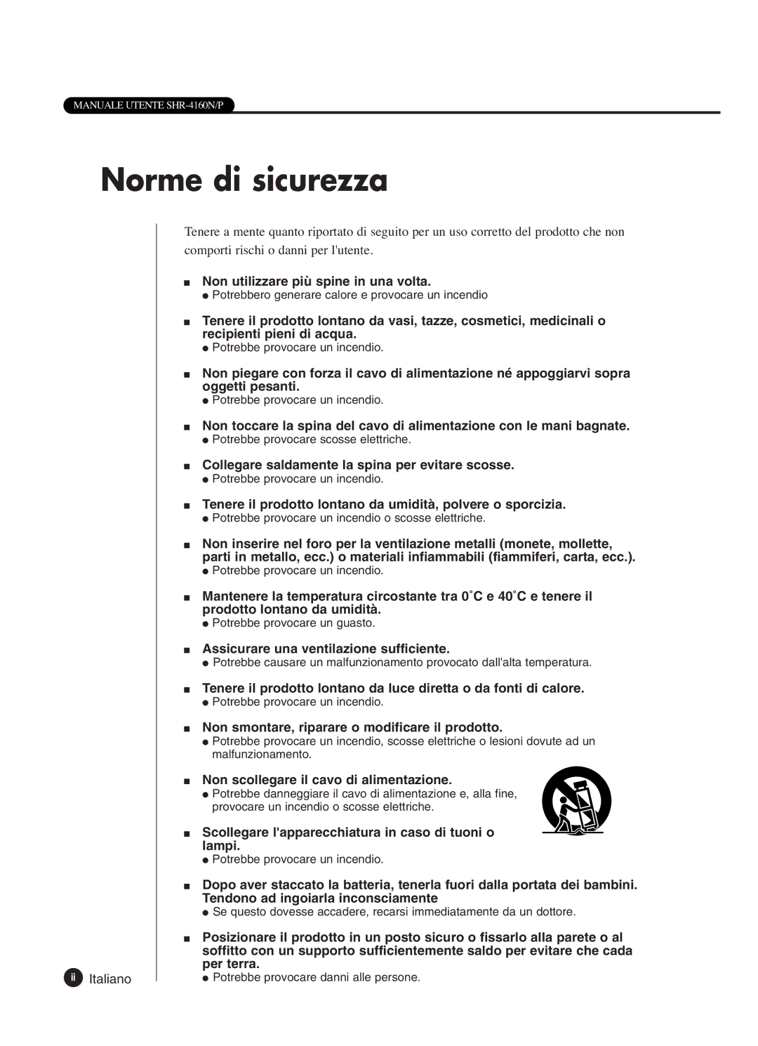 Samsung SHR-4160P manual Norme di sicurezza, Ii Italiano 