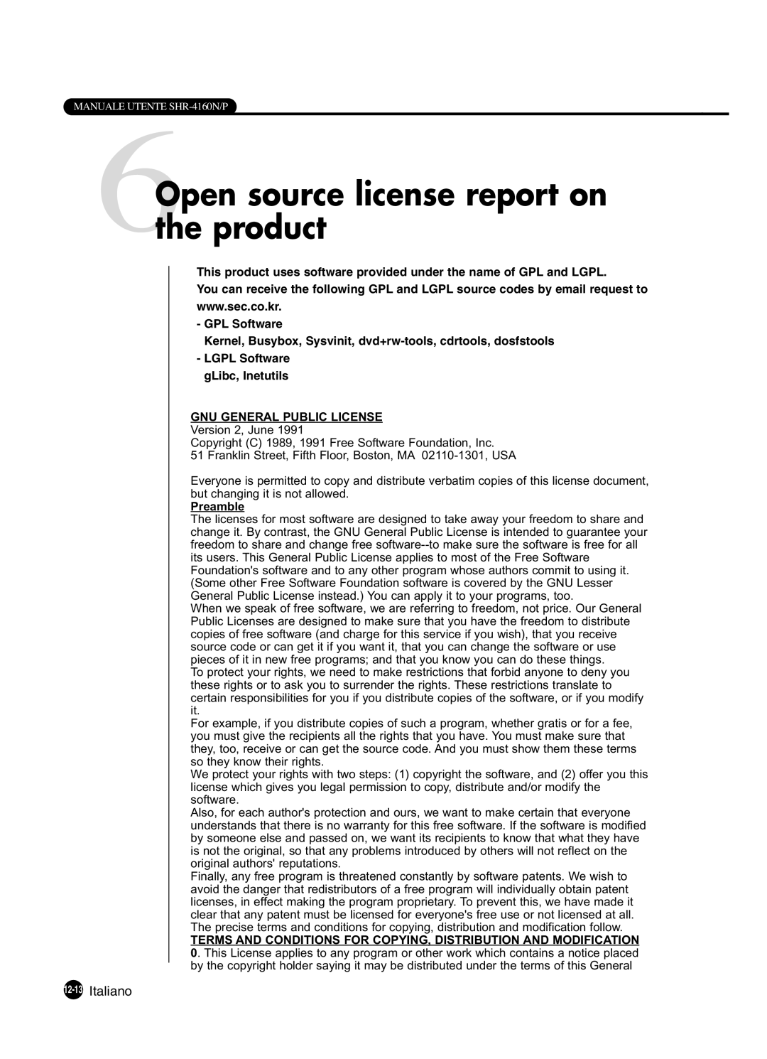 Samsung SHR-4160P manual 6Openthe productsource license report on, 12-13Italiano 