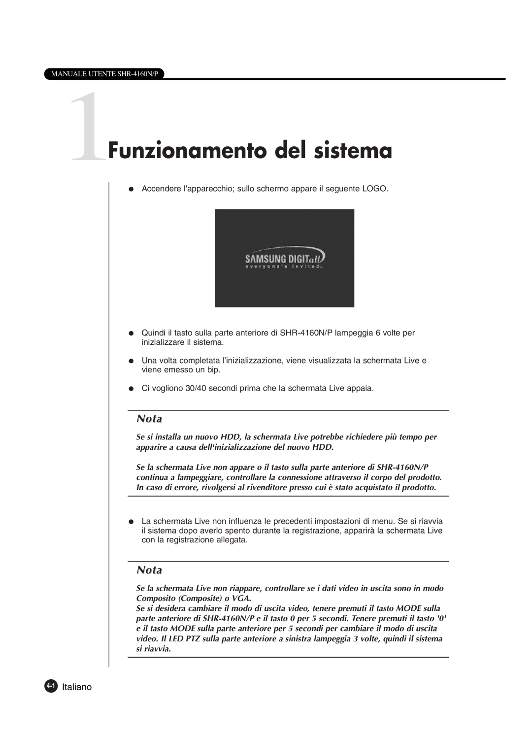 Samsung SHR-4160P manual 1Funzionamento del sistema, 1Italiano 