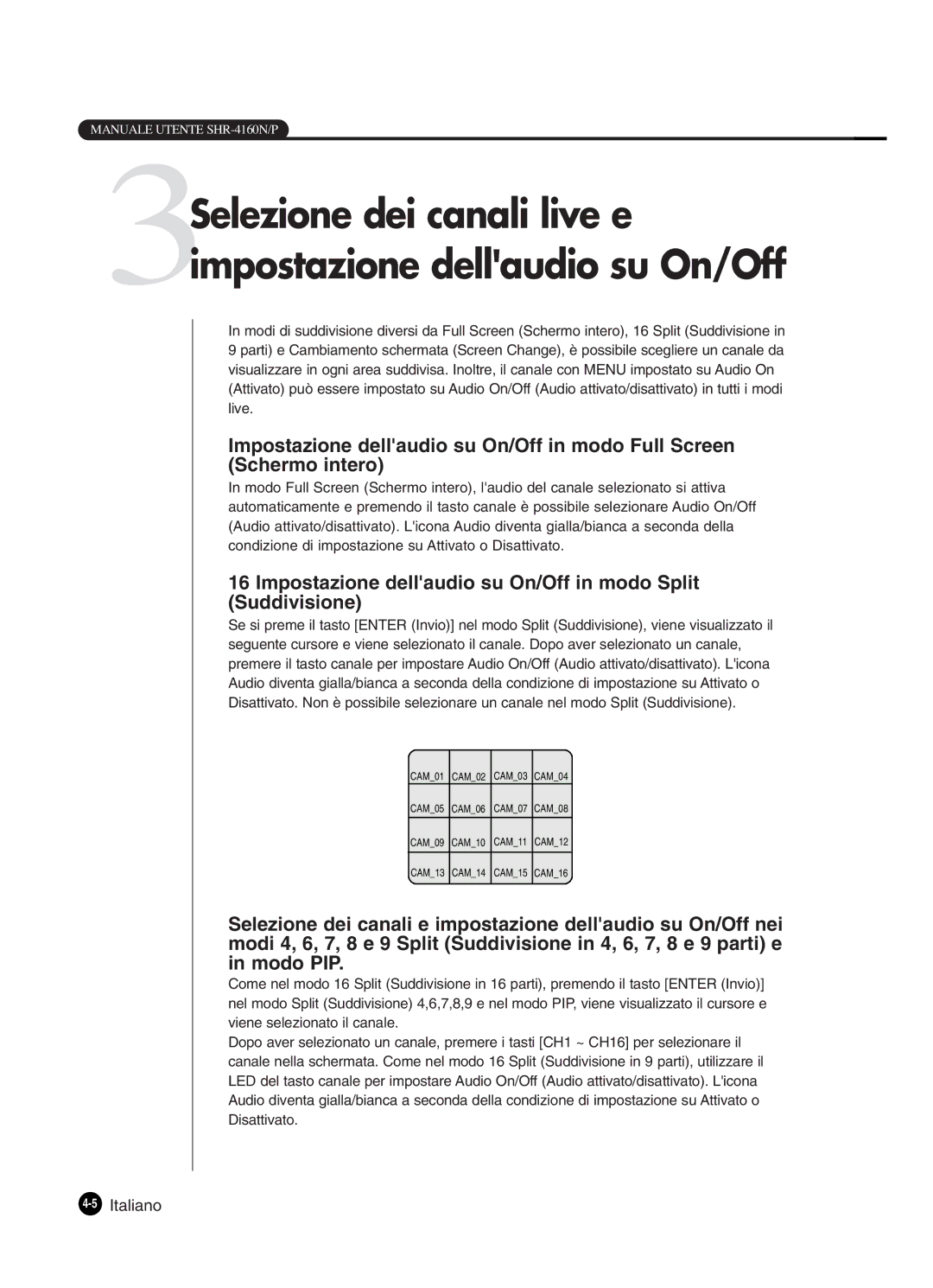 Samsung SHR-4160P manual Impostazione dellaudio su On/Off in modo Split Suddivisione, 5Italiano 