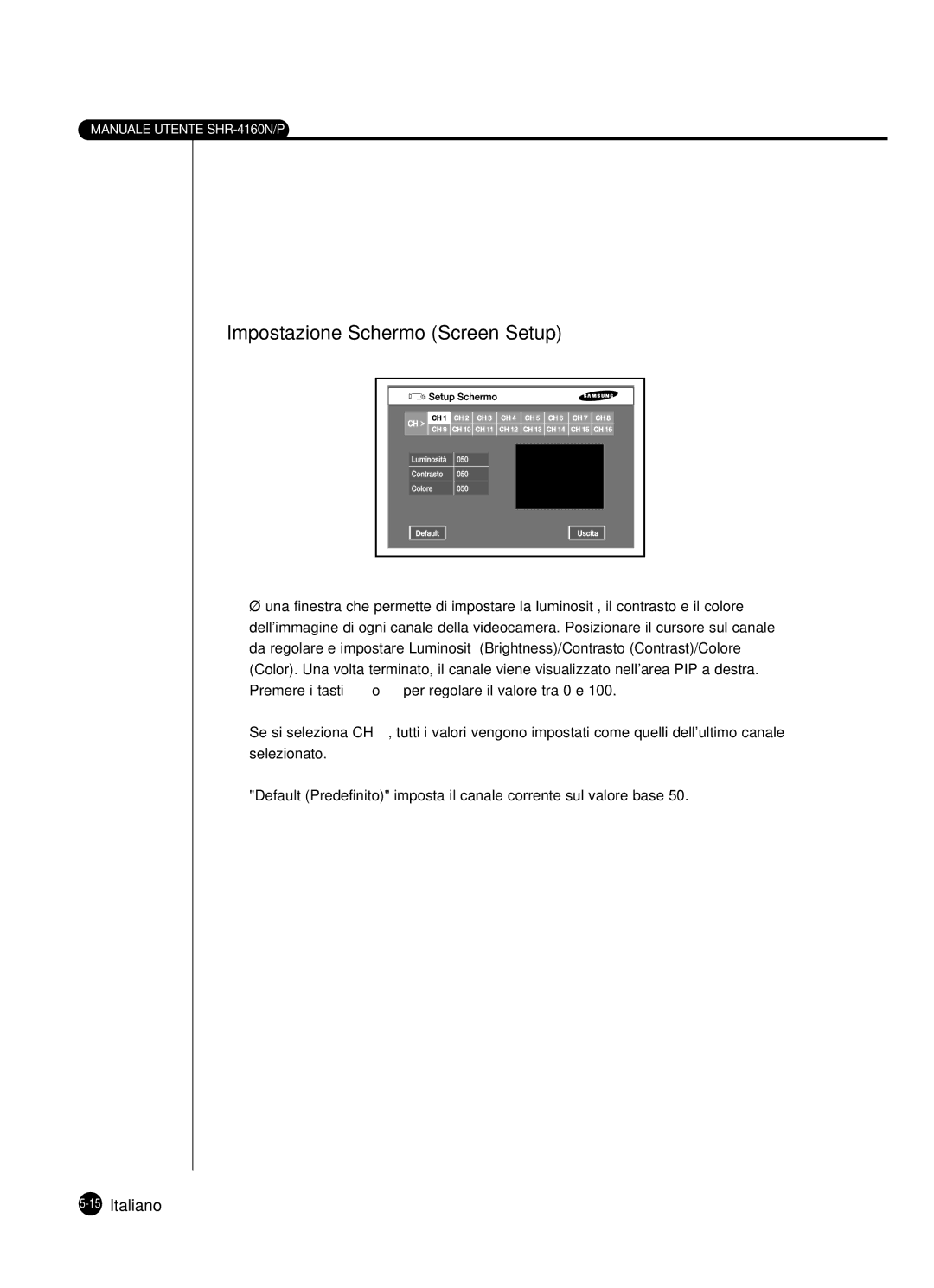 Samsung SHR-4160P manual Impostazione Schermo Screen Setup, 15Italiano 